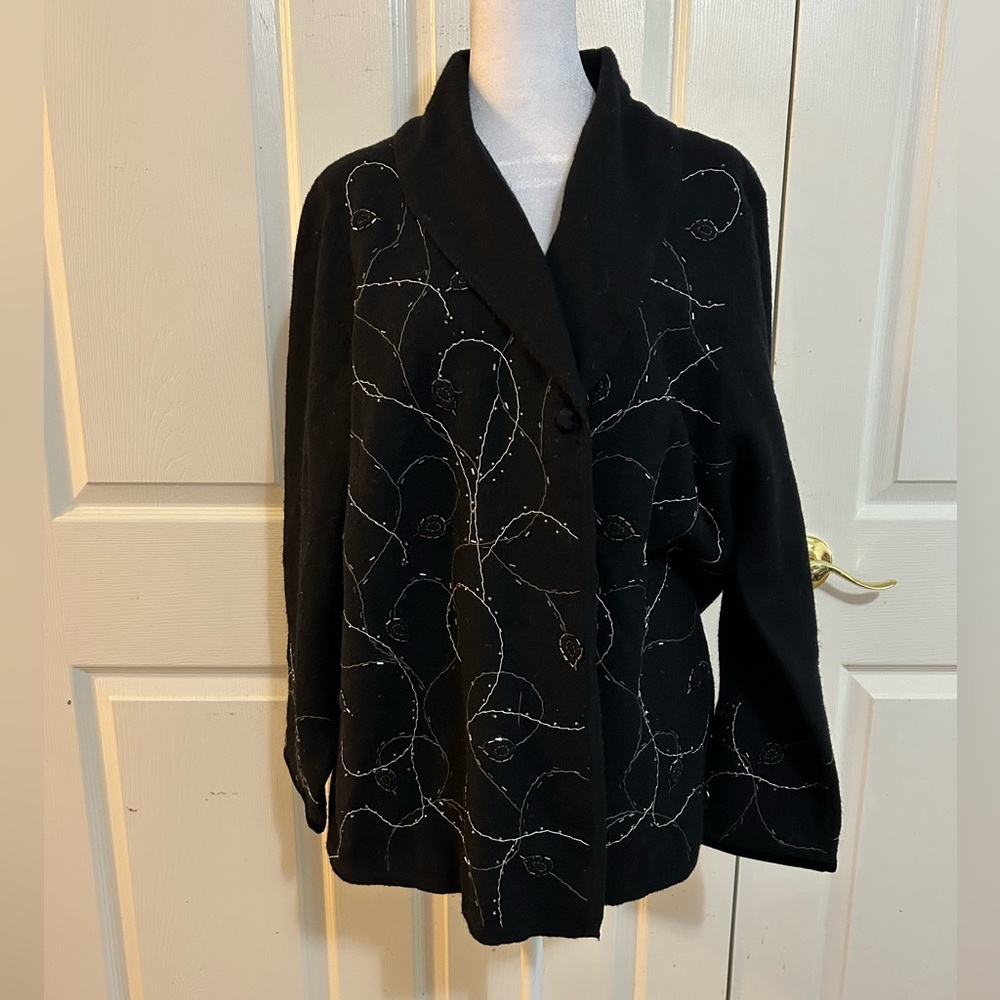 Kate Hill black wool embellished cardigan, 2X